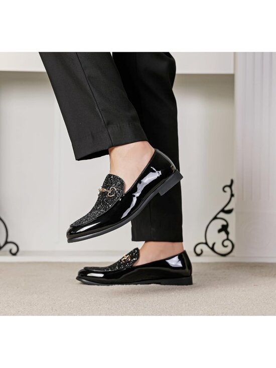 Men\'s Black Rubber Sole Leather Sparkly Sequins Loafers Gold Buckle Party Shoes main image 5